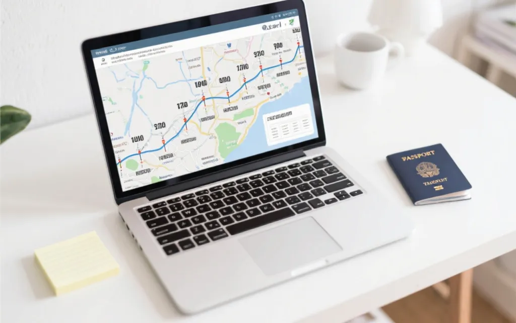桌面上打开的笔记本电脑显示购票时间轴，旁边有地图与标注不同城市路线的行程本